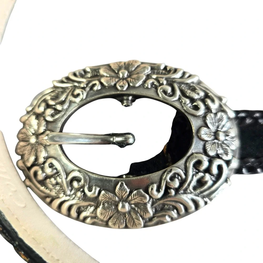 Coldwater Creek Black Leather‎ Braided Belt Silver Floral Buckle Plus Size 2X
